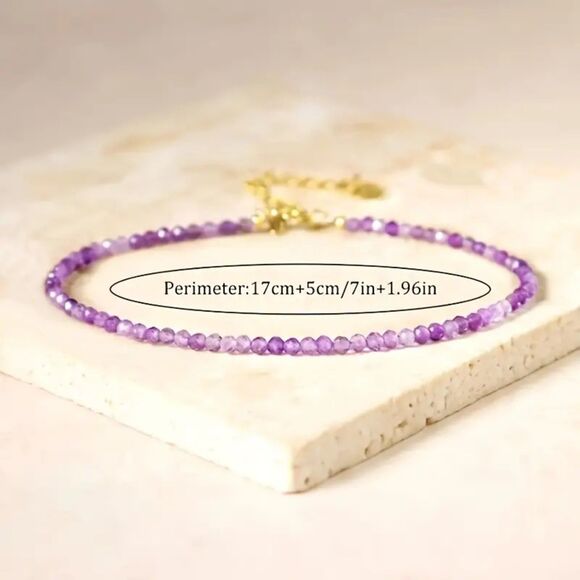 Amethyst Gemstone Bracelet Small Crystal Round Stacking Adjstble Healng February - Picture 4 of 6